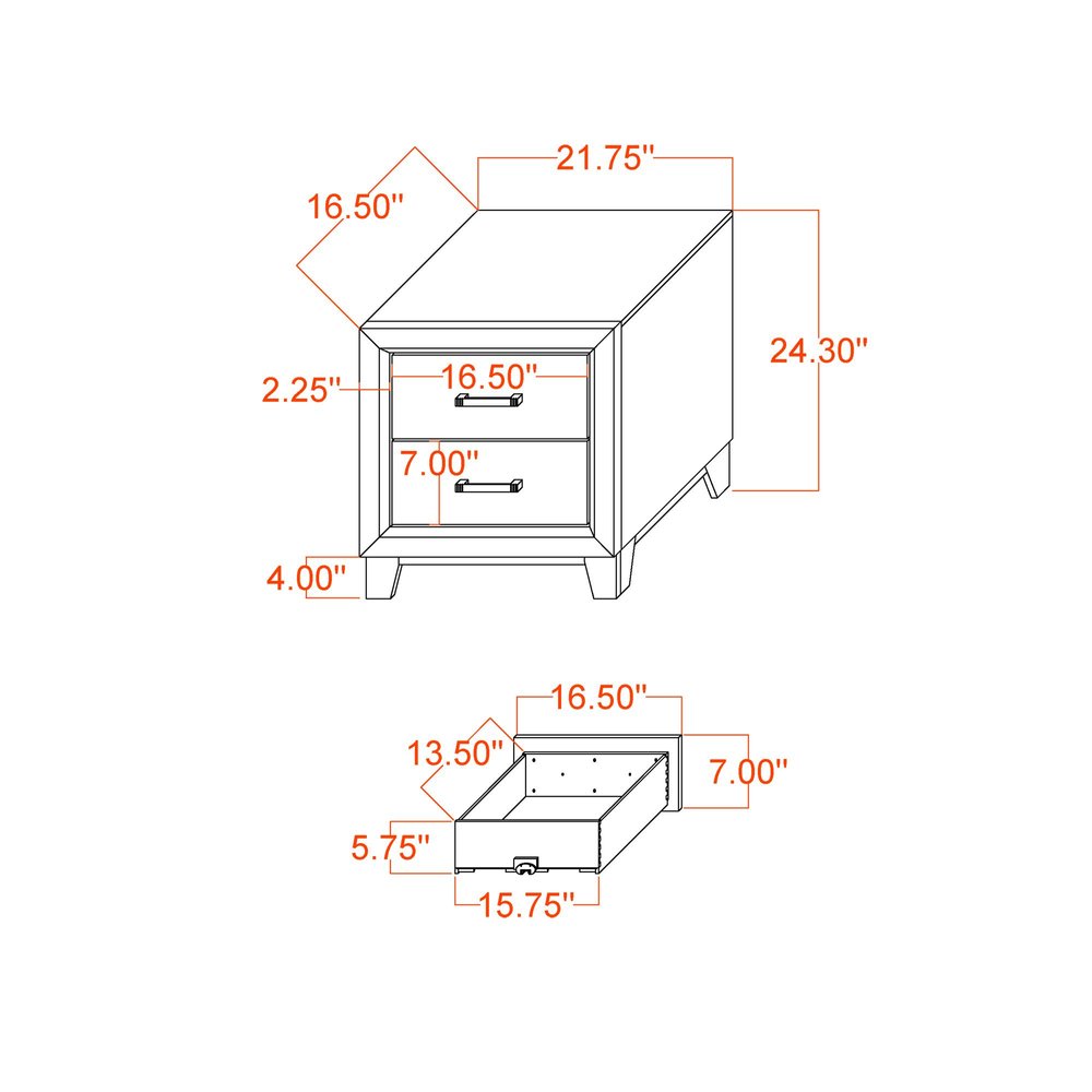 22" Black And Gray Wood Two Drawer Nightstand