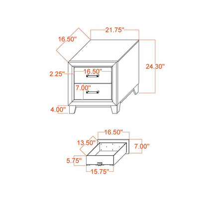 22" Black And Gray Wood Two Drawer Nightstand
