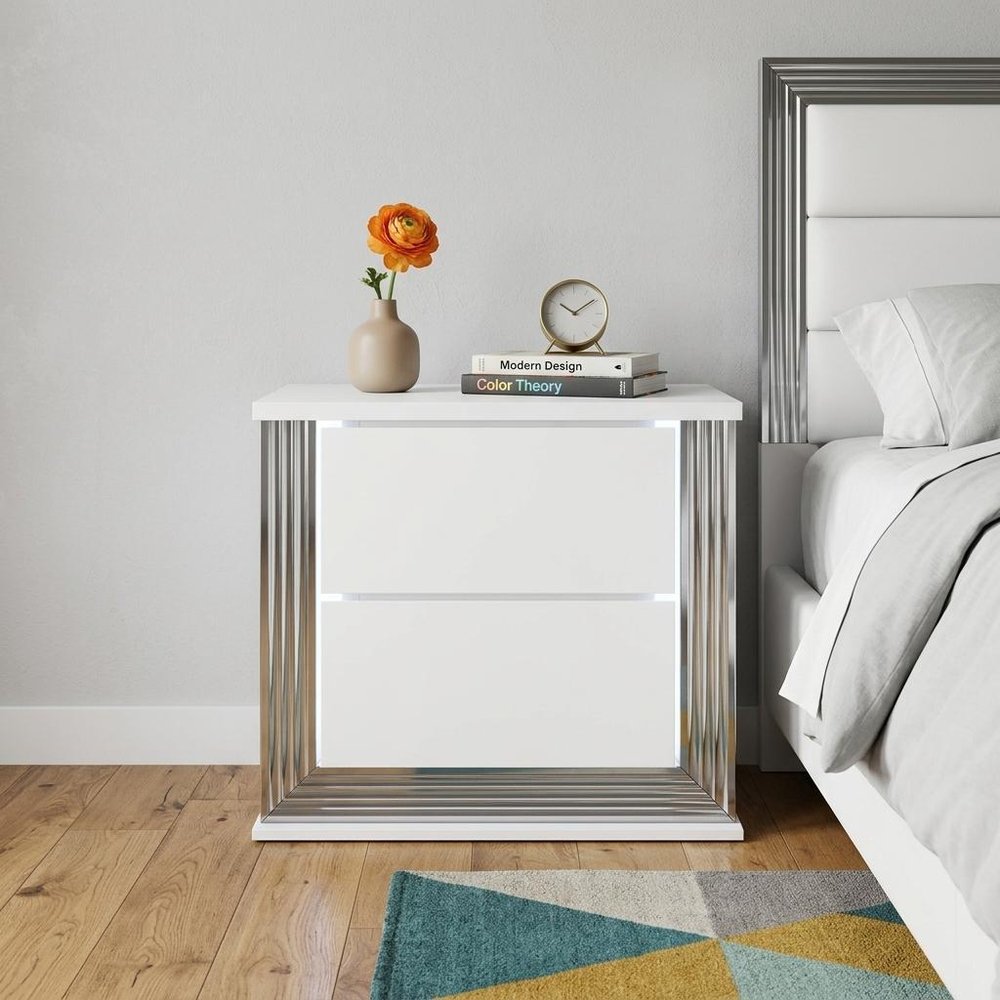 25" White Solid and Manufactured Wood Lighted Two Drawer Nightstand HomeRoots