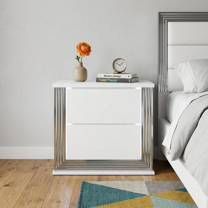 25" White Solid and Manufactured Wood Lighted Two Drawer Nightstand