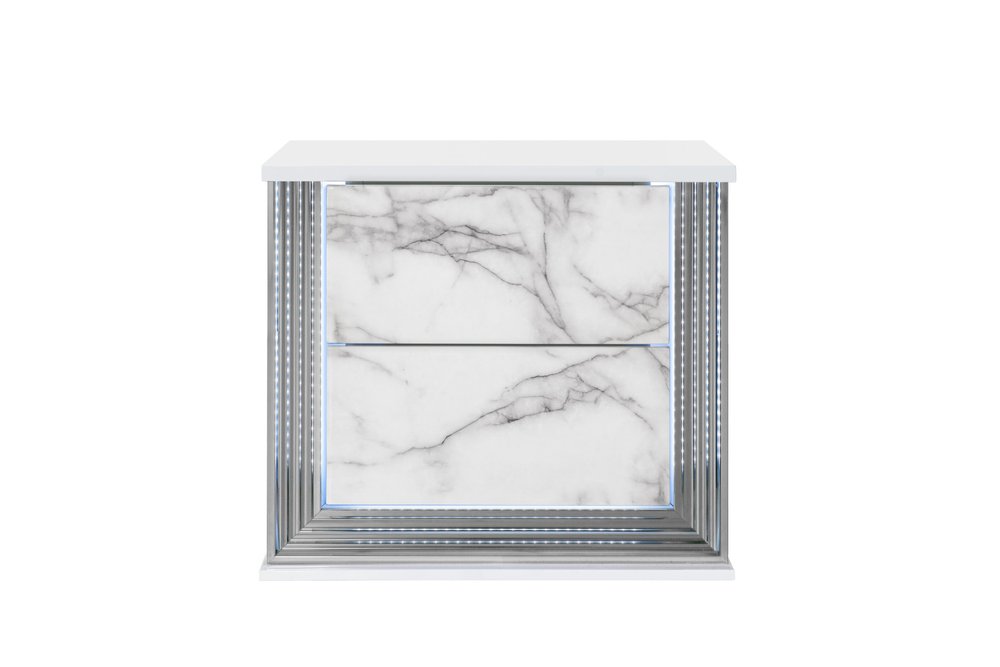 25" White Wood Faux Marble Solid and Manufactured Wood Lighted Two Drawer Nightstand with USB Port HomeRoots