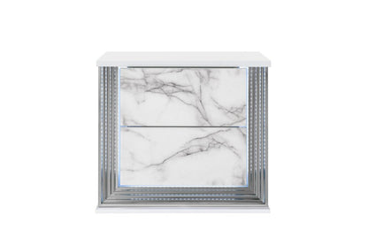 25" White Wood Faux Marble Solid and Manufactured Wood Lighted Two Drawer Nightstand with USB Port HomeRoots