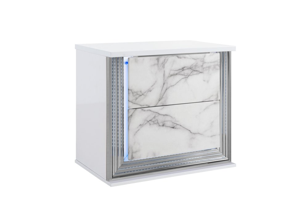 25" White Wood Faux Marble Solid and Manufactured Wood Lighted Two Drawer Nightstand with USB Port HomeRoots