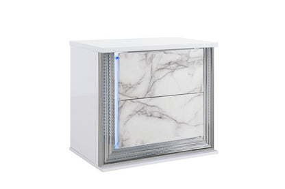 25" White Wood Faux Marble Solid and Manufactured Wood Lighted Two Drawer Nightstand with USB Port HomeRoots