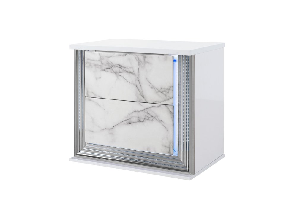 25" White Wood Faux Marble Solid and Manufactured Wood Lighted Two Drawer Nightstand with USB Port HomeRoots