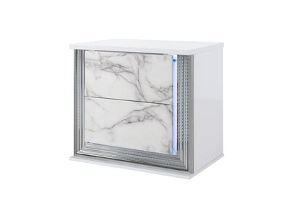 25" White Wood Faux Marble Solid and Manufactured Wood Lighted Two Drawer Nightstand with USB Port HomeRoots