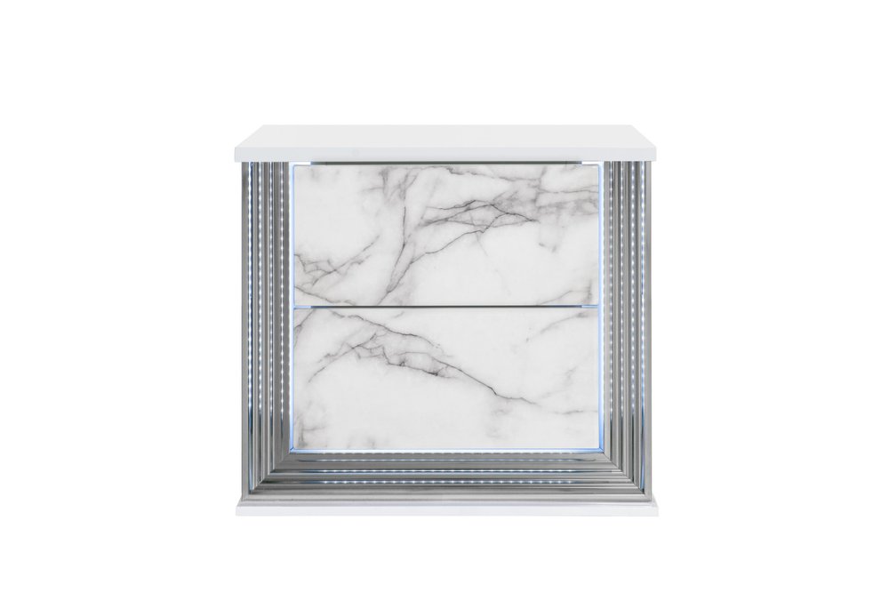 25" White Wood Faux Marble Solid and Manufactured Wood Lighted Two Drawer Nightstand with USB Port HomeRoots