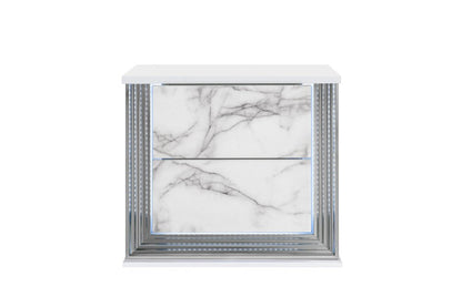 25" White Wood Faux Marble Solid and Manufactured Wood Lighted Two Drawer Nightstand with USB Port HomeRoots