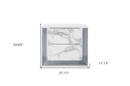 25" White Wood Faux Marble Solid and Manufactured Wood Lighted Two Drawer Nightstand with USB Port HomeRoots