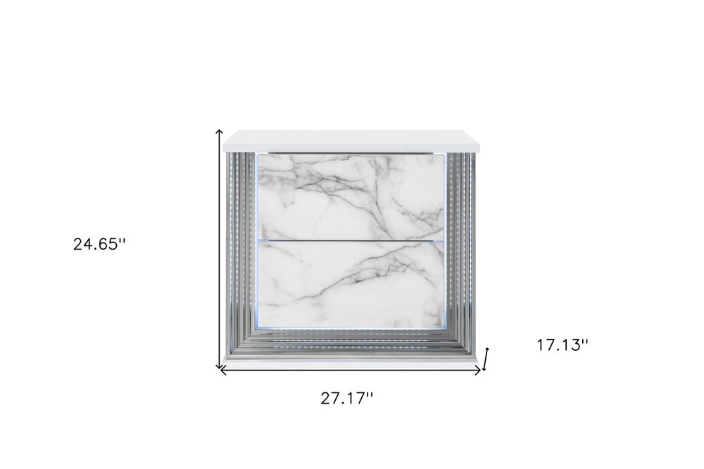 25" White Wood Faux Marble Solid and Manufactured Wood Lighted Two Drawer Nightstand with USB Port HomeRoots