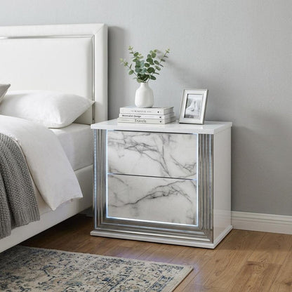 25" White Wood Faux Marble Solid and Manufactured Wood Lighted Two Drawer Nightstand with USB Port HomeRoots