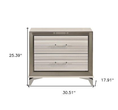 25" Silver And White Wood Lighted Two Drawer Nightstand HomeRoots