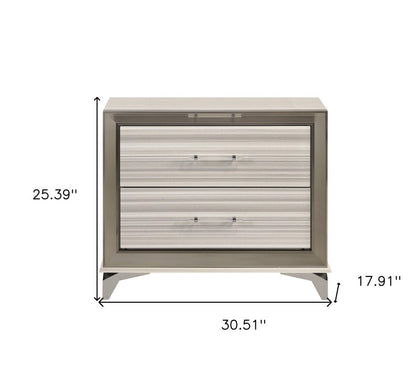 25" Silver And White Wood Lighted Two Drawer Nightstand HomeRoots