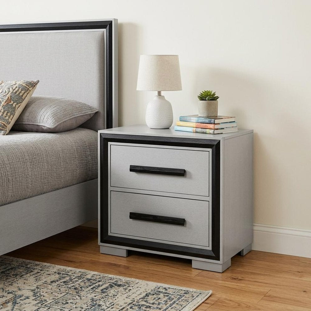 25" Gray and Black Two Drawer Wood Nightstand HomeRoots