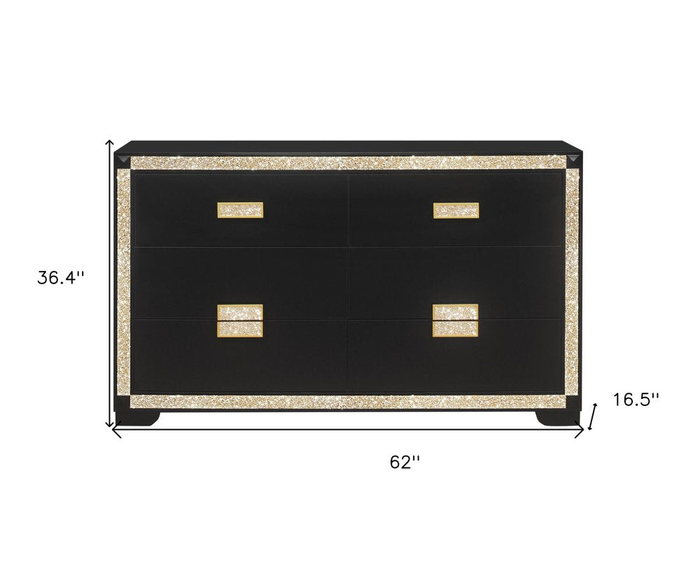 62" Black And Gold Faux Crystal Bling Wood Six Drawer Double Dresser HomeRoots