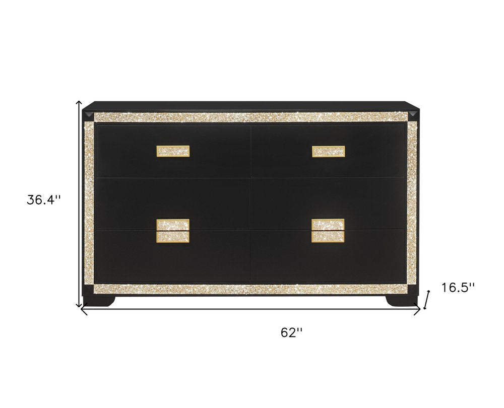 62" Black And Gold Faux Crystal Bling Wood Six Drawer Double Dresser HomeRoots