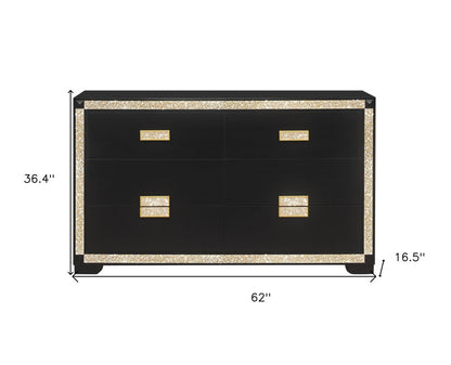 62" Black And Gold Faux Crystal Bling Wood Six Drawer Double Dresser HomeRoots