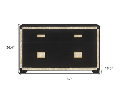 62" Black And Gold Faux Crystal Bling Wood Six Drawer Double Dresser HomeRoots