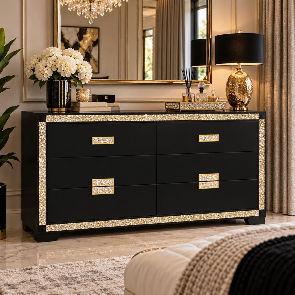 62" Black And Gold Faux Crystal Bling Wood Six Drawer Double Dresser — view 11