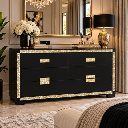 62" Black And Gold Faux Crystal Bling Wood Six Drawer Double Dresser