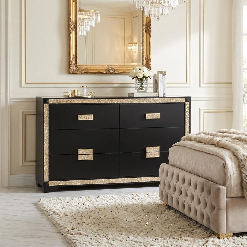 62" Black And Gold Faux Crystal Bling Wood Six Drawer Double Dresser — view 12