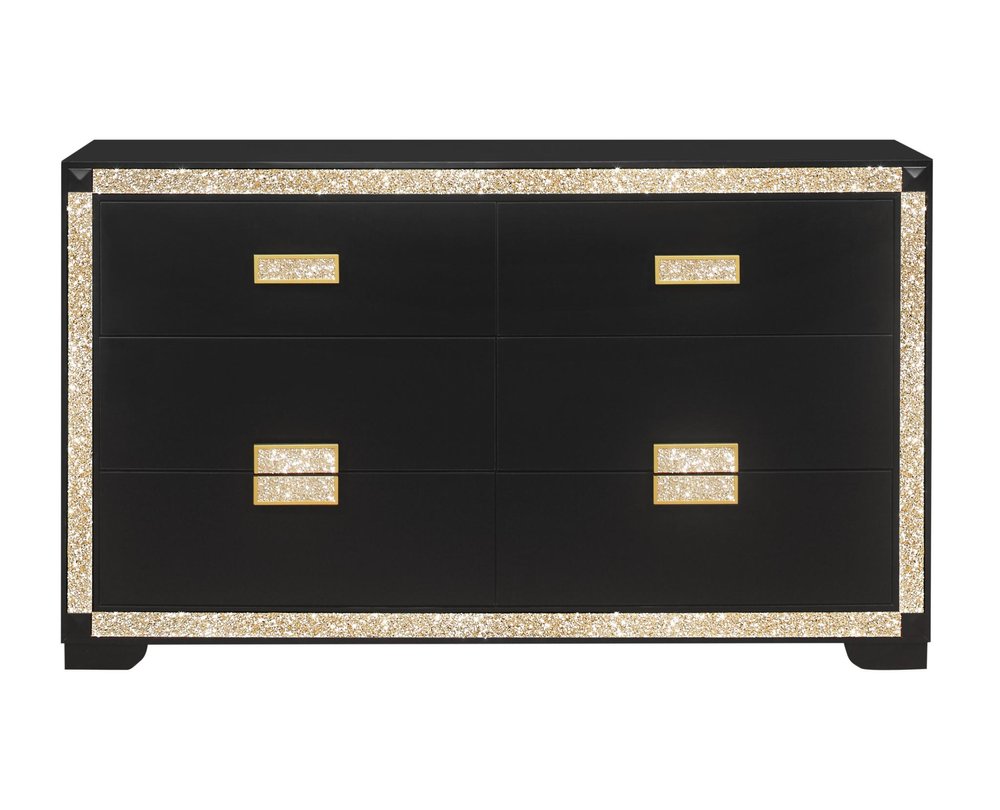 62" Black And Gold Faux Crystal Bling Wood Six Drawer Double Dresser HomeRoots