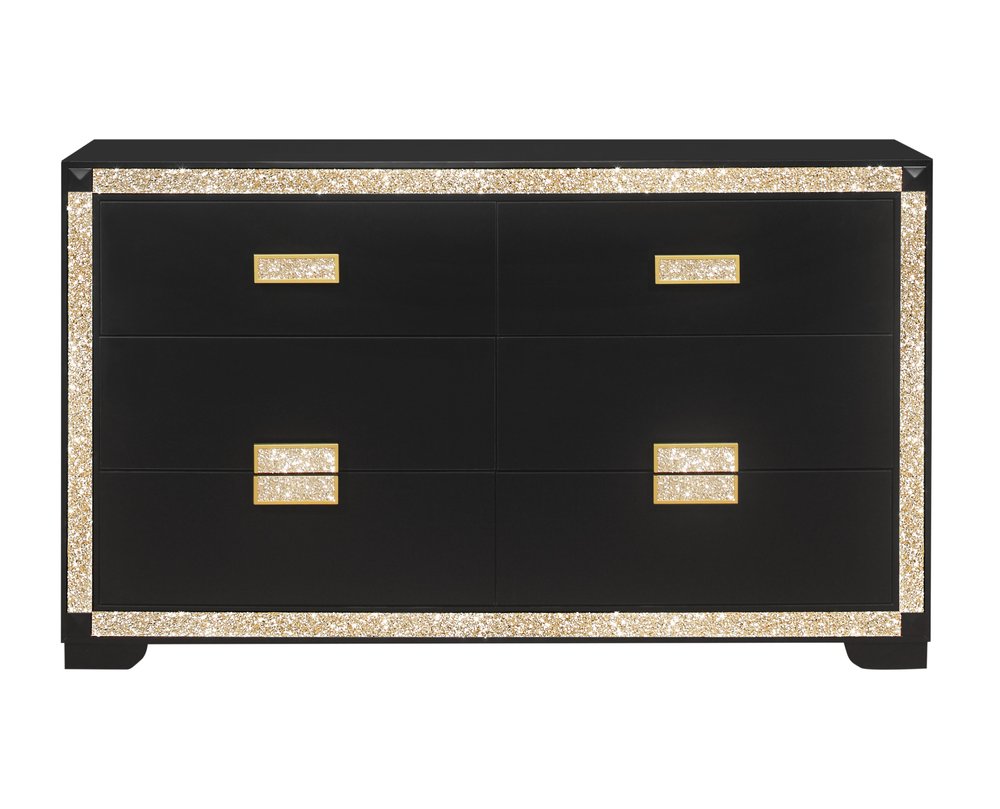62" Black And Gold Faux Crystal Bling Wood Six Drawer Double Dresser HomeRoots