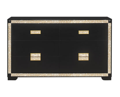 62" Black And Gold Faux Crystal Bling Wood Six Drawer Double Dresser HomeRoots