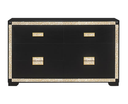 62" Black And Gold Faux Crystal Bling Wood Six Drawer Double Dresser HomeRoots