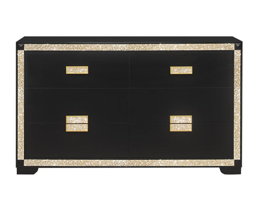 62" Black And Gold Faux Crystal Bling Wood Six Drawer Double Dresser
