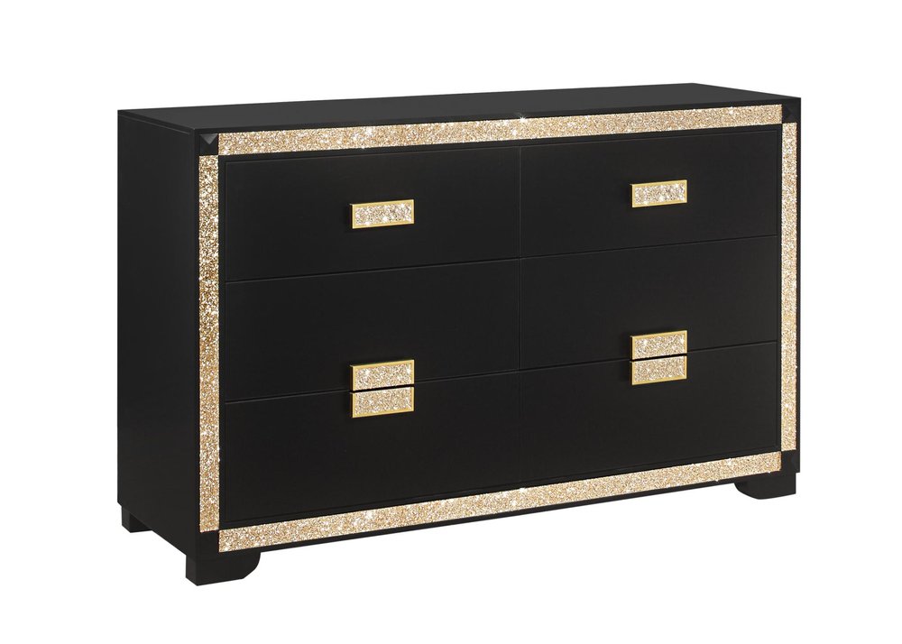 62" Black And Gold Faux Crystal Bling Wood Six Drawer Double Dresser — view 2