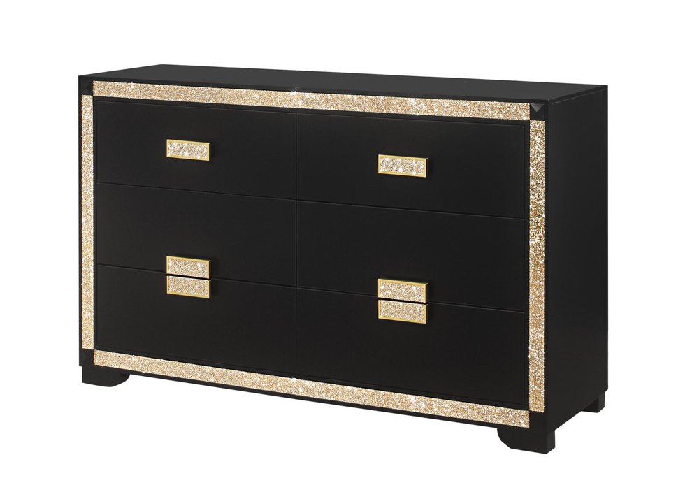 62" Black And Gold Faux Crystal Bling Wood Six Drawer Double Dresser — view 3