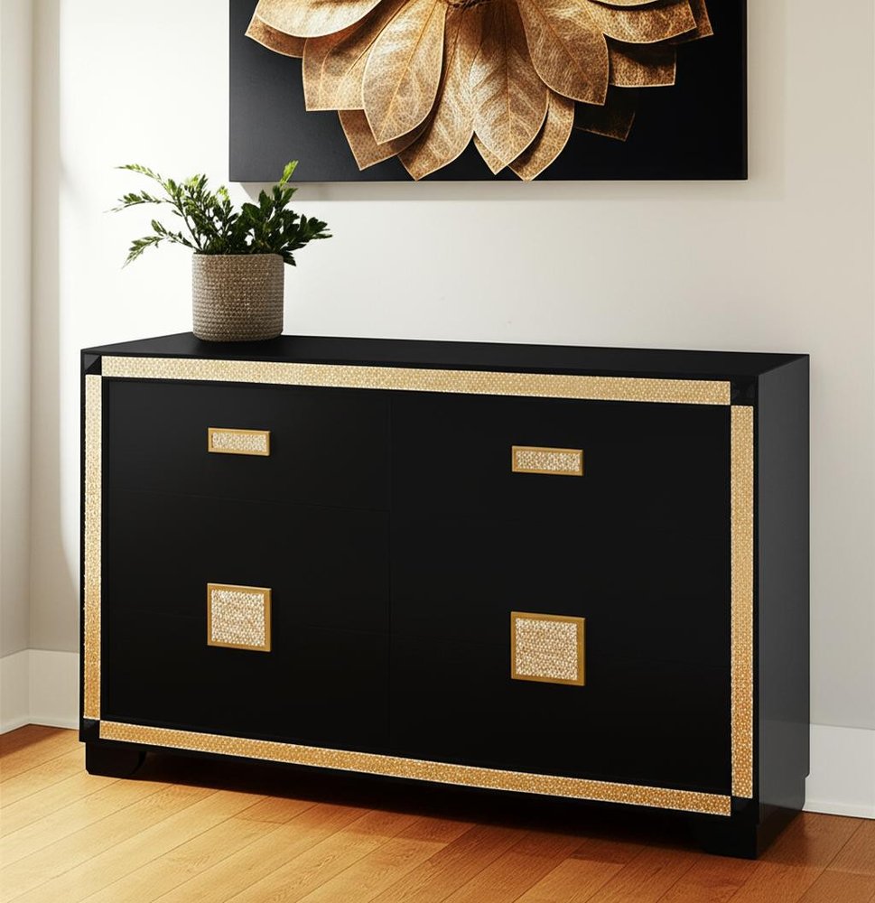 62" Black And Gold Faux Crystal Bling Wood Six Drawer Double Dresser HomeRoots