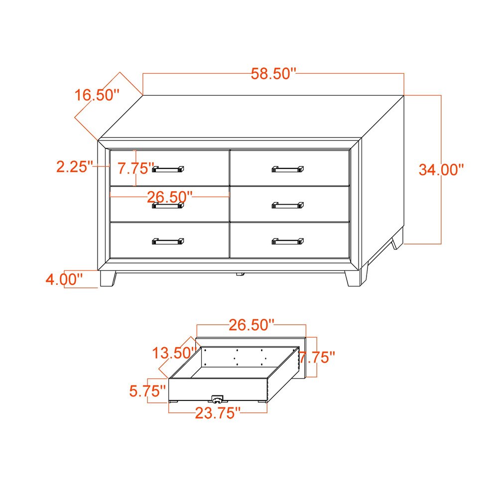 58" Black And Gray Wood Six Drawer Double Dresser — view 8