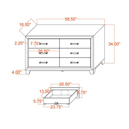 58" Black And Gray Wood Six Drawer Double Dresser