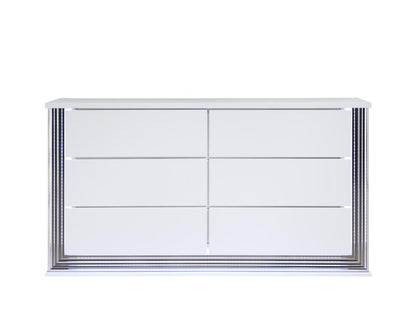 61" White Wood Lighted Six Drawer Double Dresser