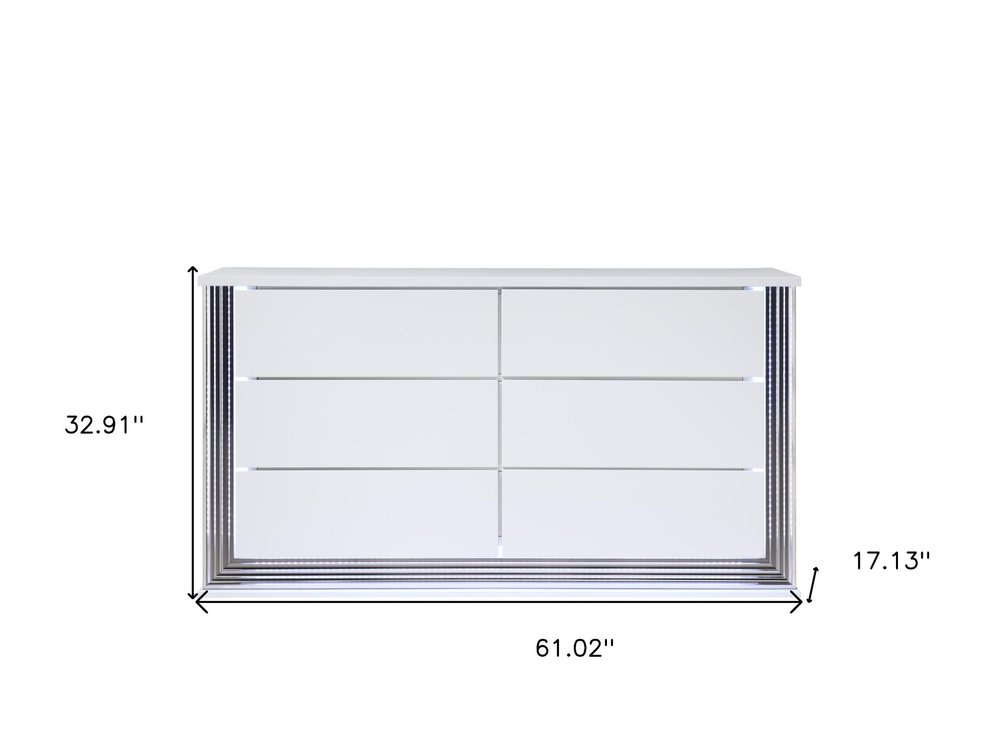 61" White Wood Lighted Six Drawer Double Dresser HomeRoots