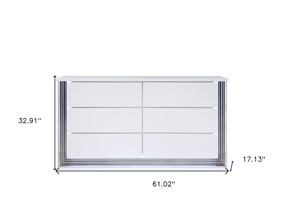 61" White Wood Lighted Six Drawer Double Dresser HomeRoots