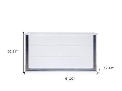 61" White Wood Lighted Six Drawer Double Dresser HomeRoots