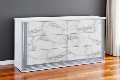 61" White Faux Marble And Wood Lighted Six Drawer Double Dresser HomeRoots