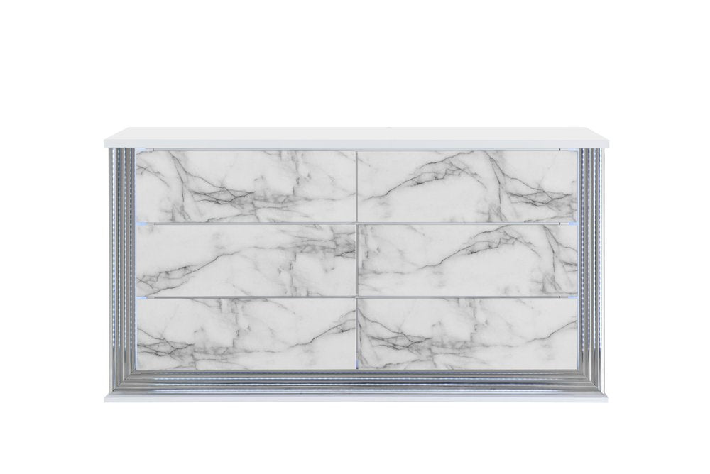 61" White Faux Marble And Wood Lighted Six Drawer Double Dresser HomeRoots