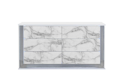 61" White Faux Marble And Wood Lighted Six Drawer Double Dresser HomeRoots