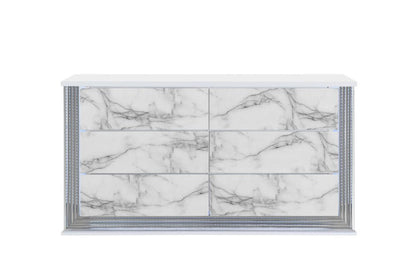 61" White Faux Marble And Wood Lighted Six Drawer Double Dresser