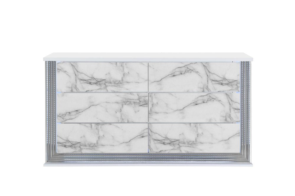 61" White Faux Marble And Wood Lighted Six Drawer Double Dresser HomeRoots