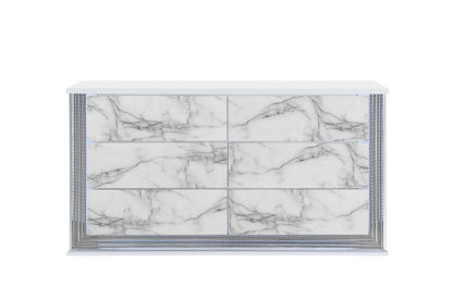 61" White Faux Marble And Wood Lighted Six Drawer Double Dresser HomeRoots