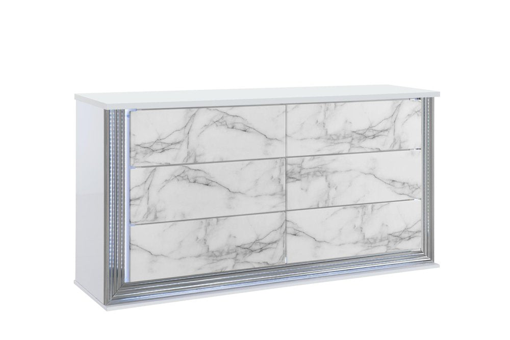 61" White Faux Marble And Wood Lighted Six Drawer Double Dresser HomeRoots