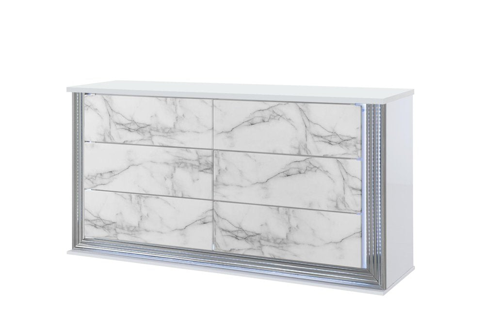 61" White Faux Marble And Wood Lighted Six Drawer Double Dresser HomeRoots