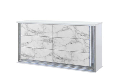 61" White Faux Marble And Wood Lighted Six Drawer Double Dresser HomeRoots