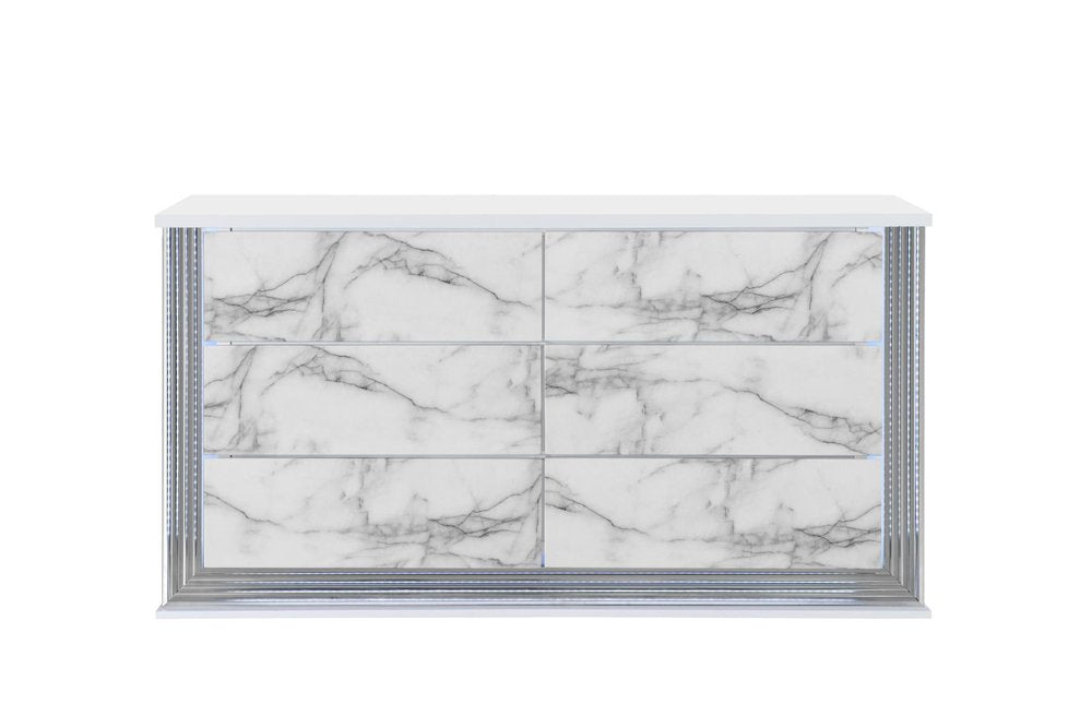 61" White Faux Marble And Wood Lighted Six Drawer Double Dresser HomeRoots