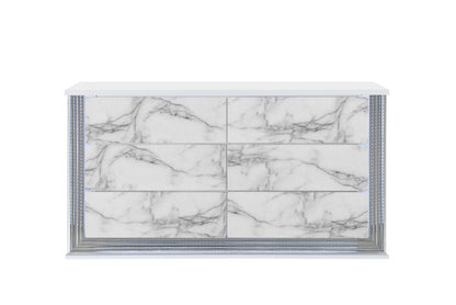 61" White Faux Marble And Wood Lighted Six Drawer Double Dresser HomeRoots